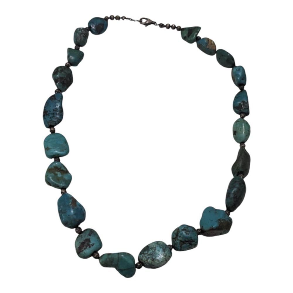 Beaded Green Nugget Turquoise & Sterling Silver Necklace Southwestern Vintage